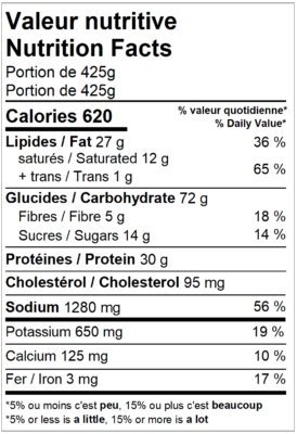 Valeur nutritive d'une portion de 425g de pâté chinois vendu par Appétit Go.