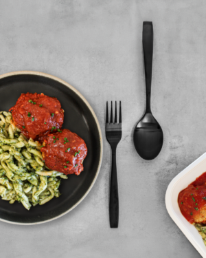 Polpette et gemelli au pesto
